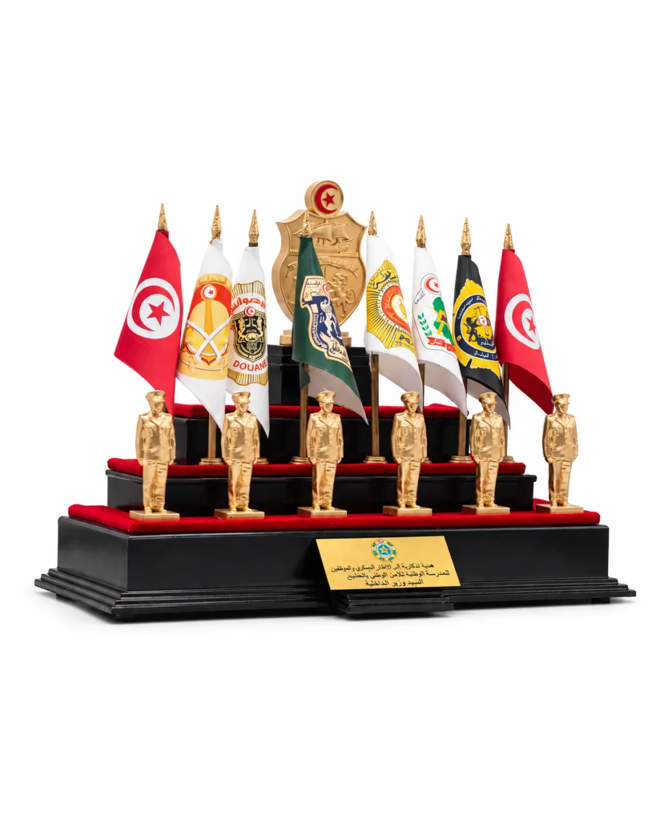 Trophée de l'École supérieure des forces de sécurité intérieure : figurines dorées et drapeaux